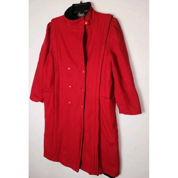 Vintage Basile Red Wool Coat Black Accents Long Womens Large - Picture 6 of 12